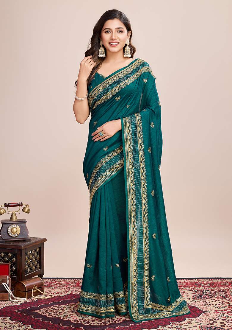 Rama Blue Embroidered Vichitra Silk Saree Set - Indya