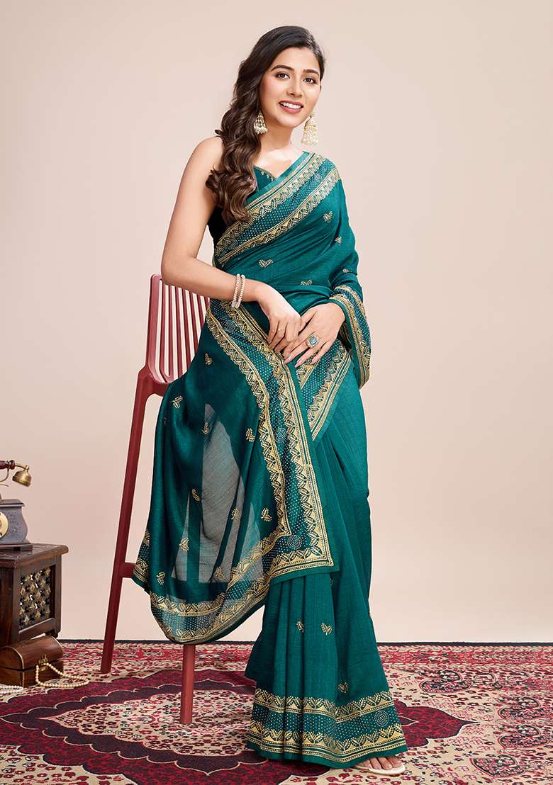 Rama Blue Embroidered Vichitra Silk Saree Set - Indya