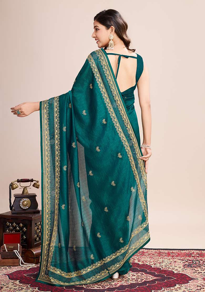 Rama Blue Embroidered Vichitra Silk Saree Set - Indya
