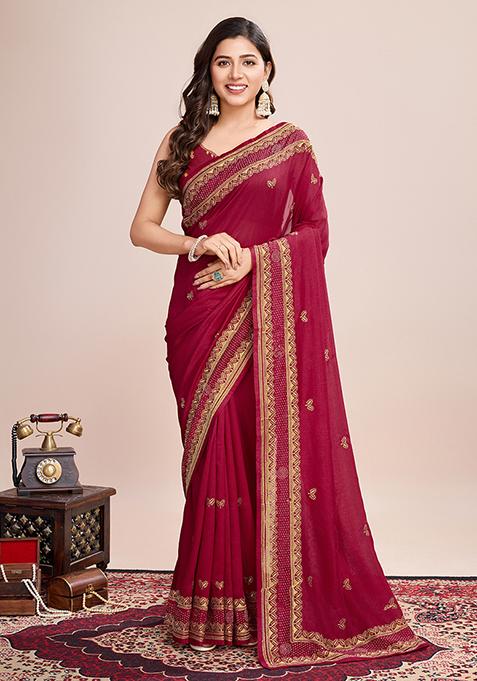 Red Embroidered Vichitra Silk Saree Set