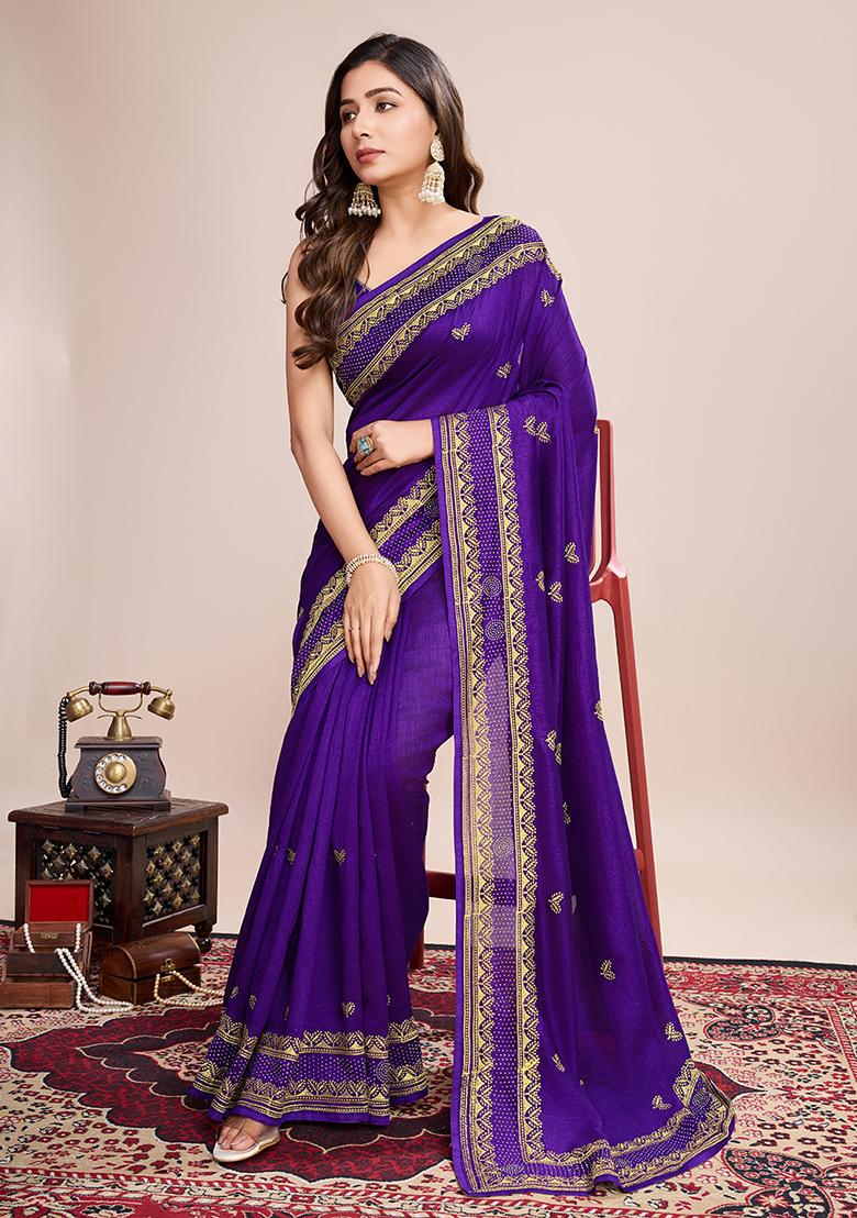 Wine Embroidered Vichitra Silk Saree Set
