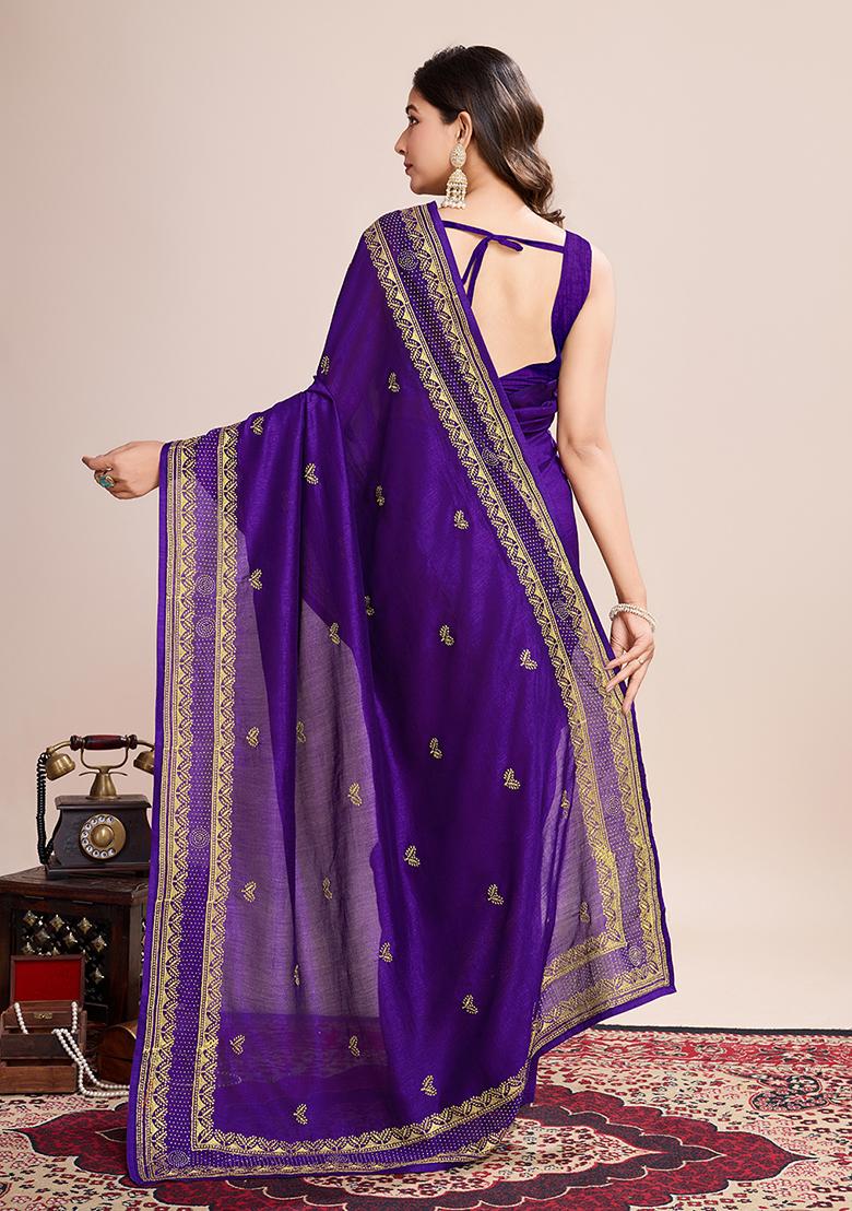 Wine Embroidered Vichitra Silk Saree Set