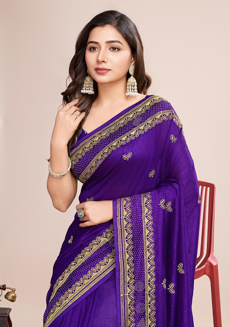 Wine Embroidered Vichitra Silk Saree Set