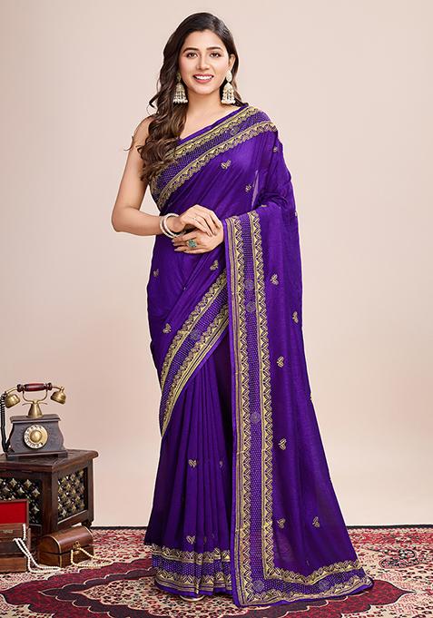 Wine Embroidered Vichitra Silk Saree Set