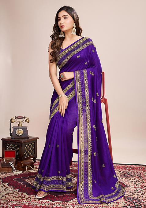 Wine Embroidered Vichitra Silk Saree Set