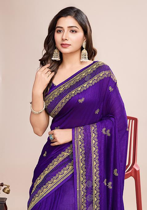 Wine Embroidered Vichitra Silk Saree Set