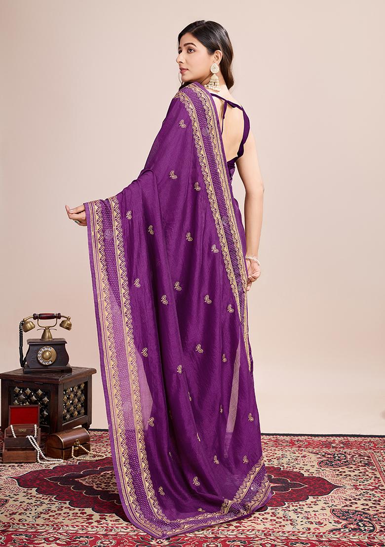 Violet Embroidered Vichitra Silk Saree Set