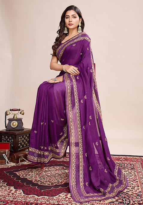 Violet Embroidered Vichitra Silk Saree Set