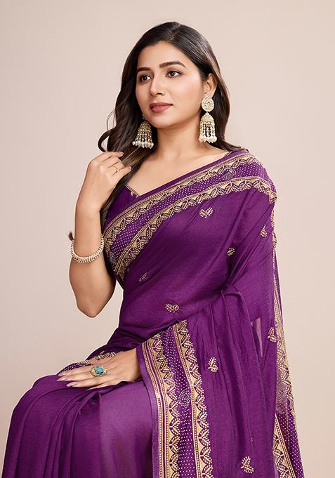 Violet Embroidered Vichitra Silk Saree Set