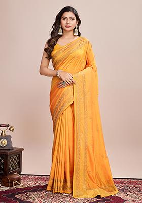 Mustard Embroidered Vichitra Silk Saree Set