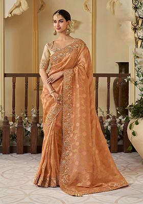 Orange Woven Jacquard Viscose Tissue Saree Set