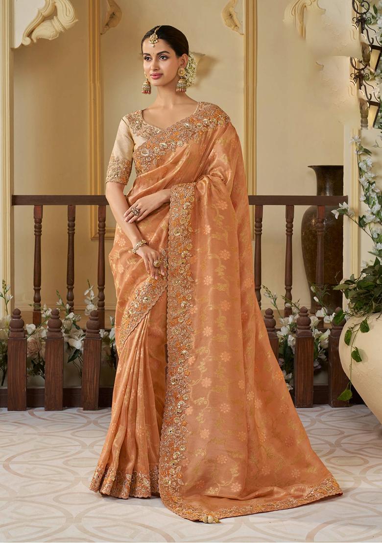 Orange Woven Jacquard Viscose Tissue Saree Set