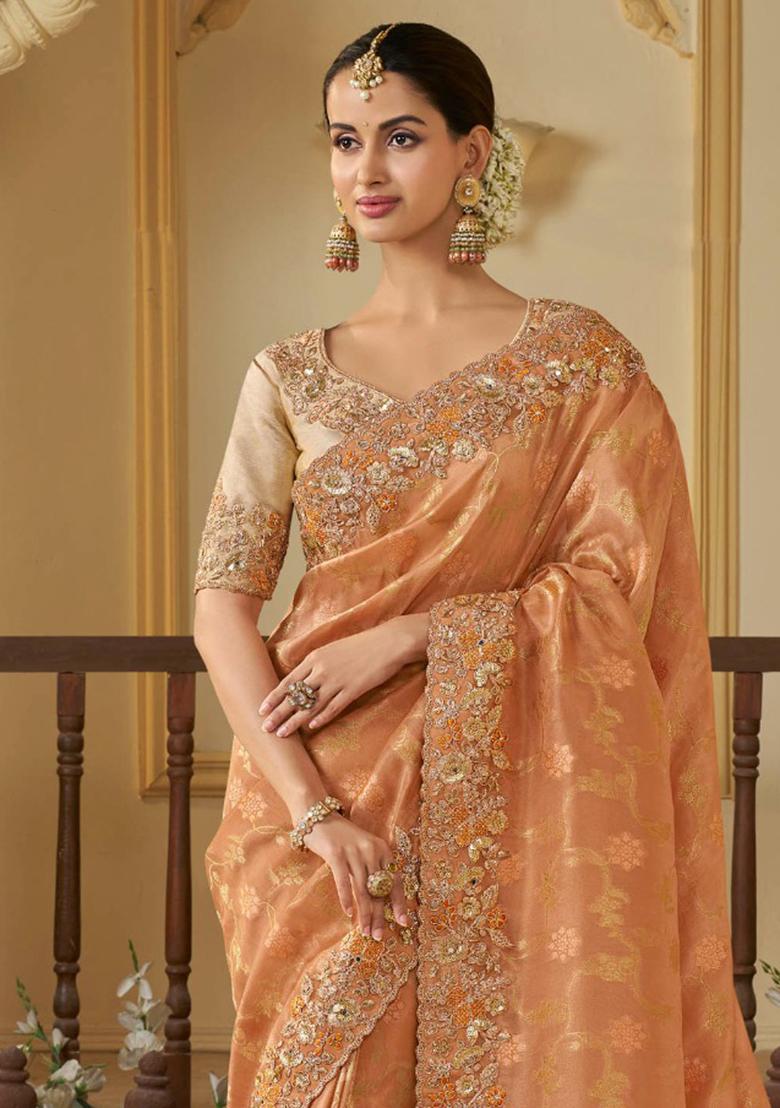 Orange Woven Jacquard Viscose Tissue Saree Set