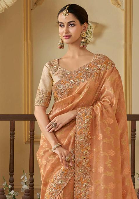 Orange Woven Jacquard Viscose Tissue Saree Set