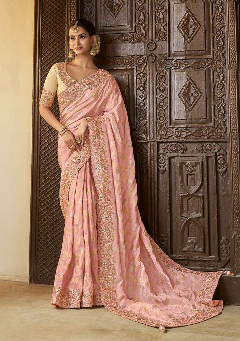 Baby Pink Woven Jacquard Viscose Tissue Saree Set - Indya