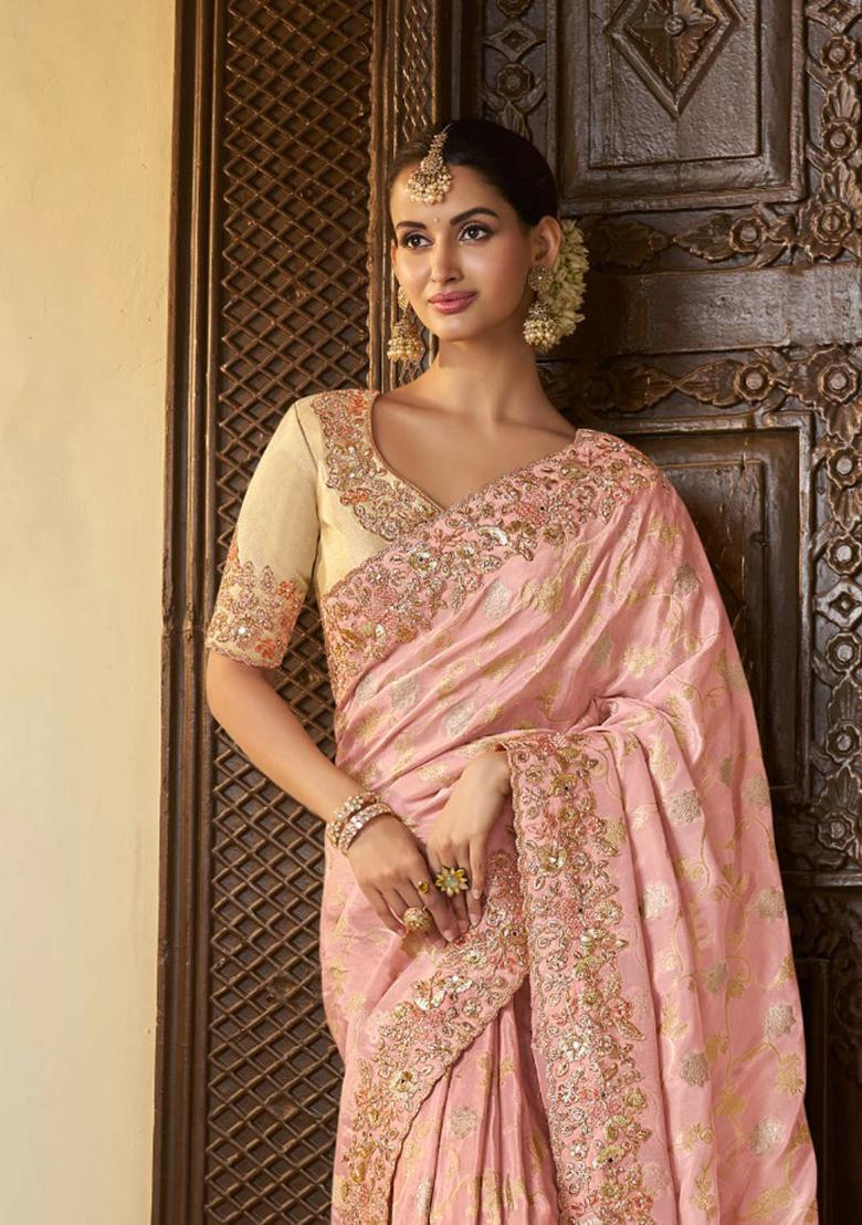 Baby Pink Woven Jacquard Viscose Tissue Saree Set