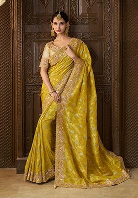 Lemon Yellow Woven Jacquard Viscose Tissue Saree Set