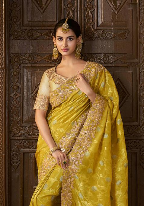 Lemon Yellow Woven Jacquard Viscose Tissue Saree Set