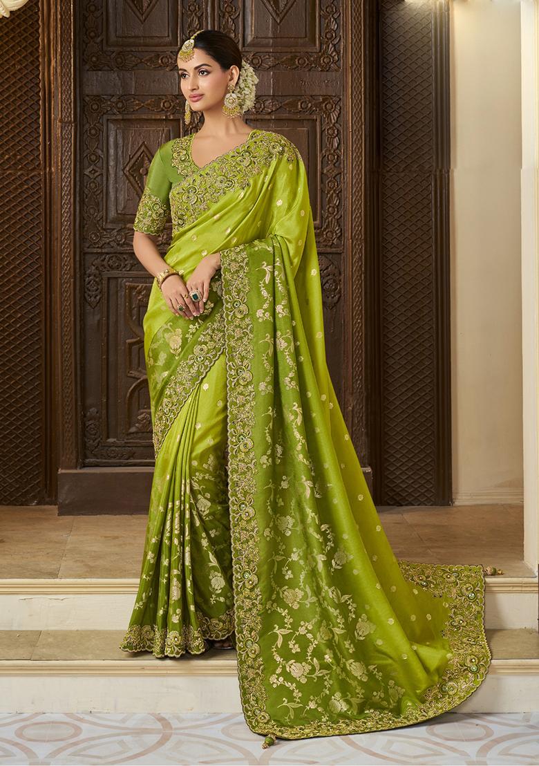 Green Woven Jacquard Viscose Tissue Saree Set