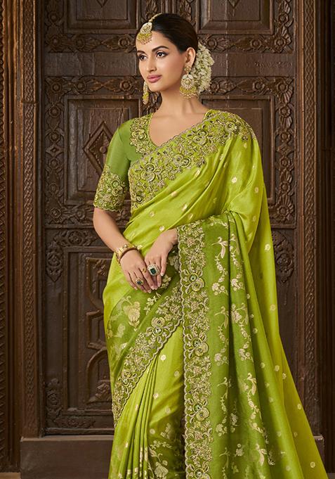 Green Woven Jacquard Viscose Tissue Saree Set