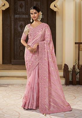 Pink Woven Jacquard Viscose Tissue Saree Set