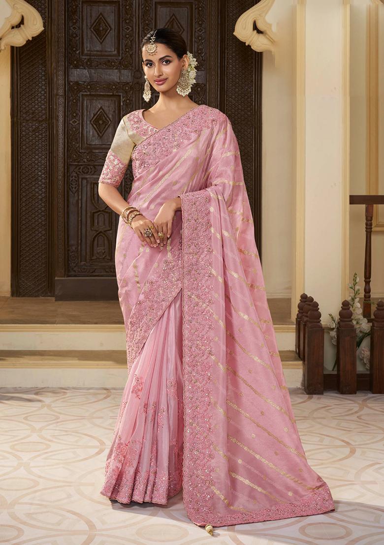 Pink Woven Jacquard Viscose Tissue Saree Set