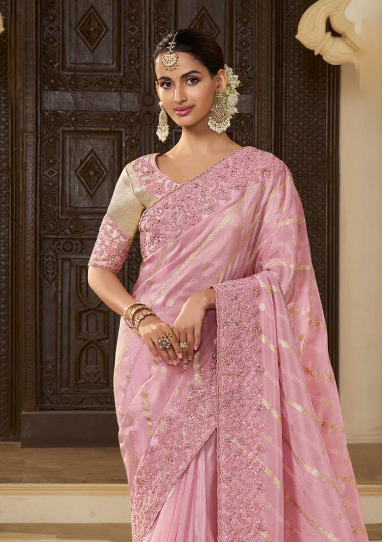Pink Woven Jacquard Viscose Tissue Saree Set