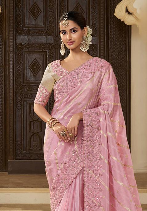 Pink Woven Jacquard Viscose Tissue Saree Set