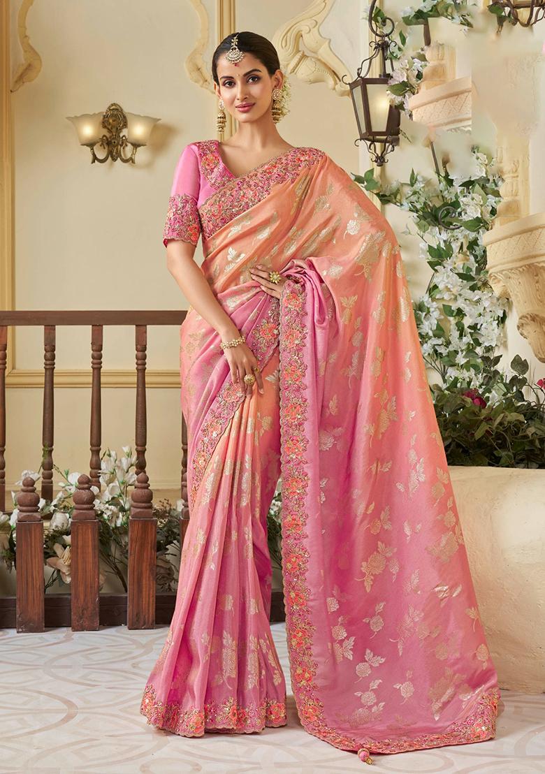 Pink Woven Jacquard Viscose Tissue Saree Set