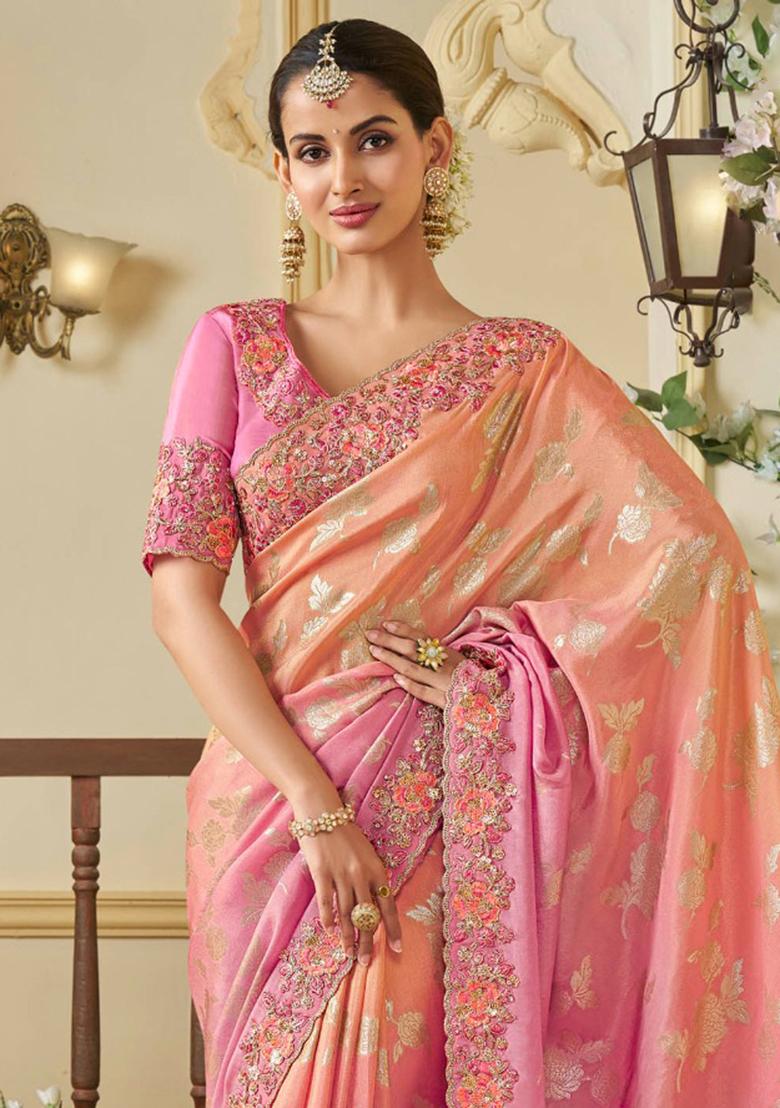 Pink Woven Jacquard Viscose Tissue Saree Set