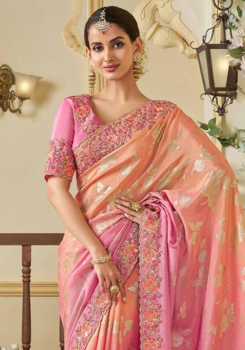 Pink Woven Jacquard Viscose Tissue Saree Set