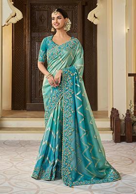Rama Blue Woven Jacquard Viscose Tissue Saree Set