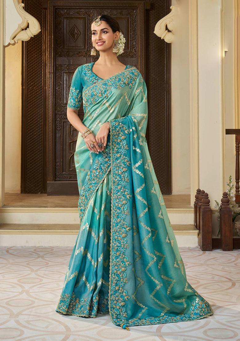 Rama Blue Woven Jacquard Viscose Tissue Saree Set