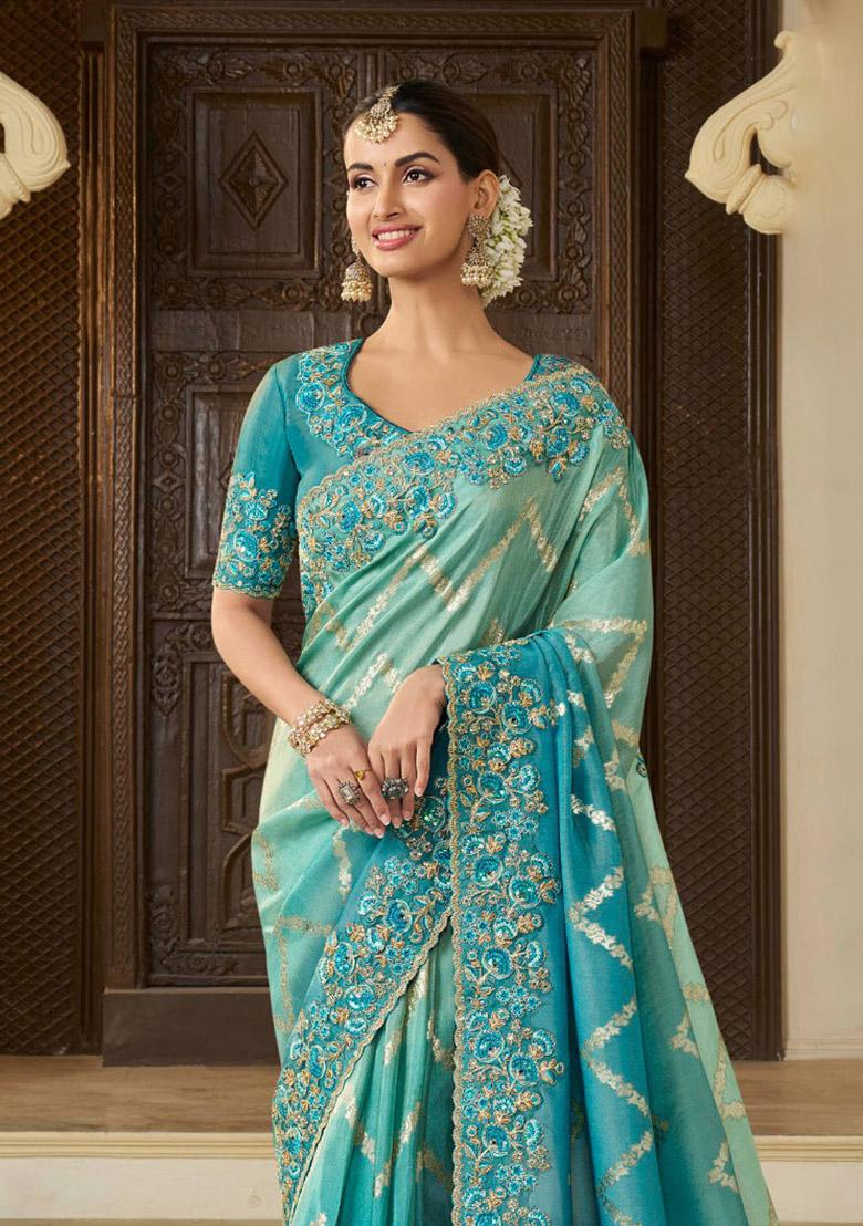 Rama Blue Woven Jacquard Viscose Tissue Saree Set