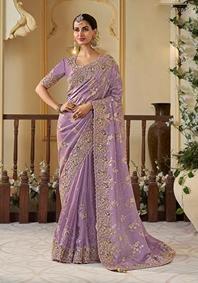 Purple Woven Jacquard Viscose Organza Saree Set