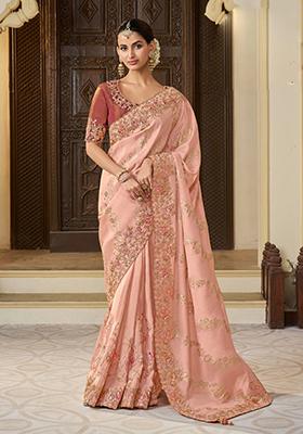 Peach Woven Jacquard Viscose Tissue Saree Set