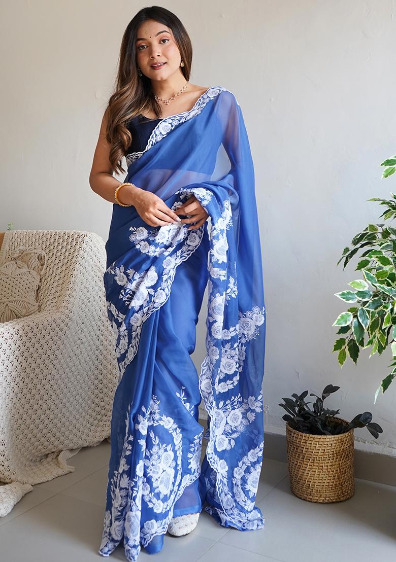 Blue Thread Embroidered Organza Silk Saree Set