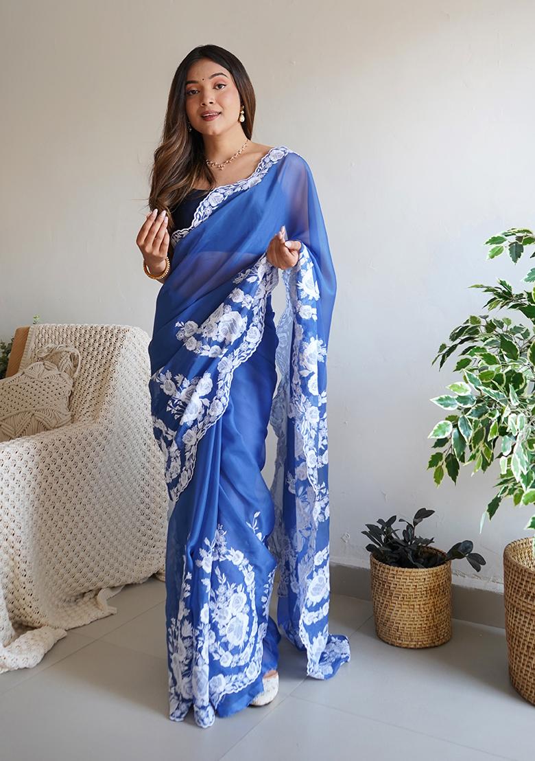 Blue Thread Embroidered Organza Silk Saree Set
