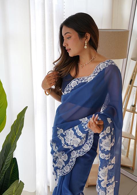 Blue Thread Embroidered Organza Silk Saree Set