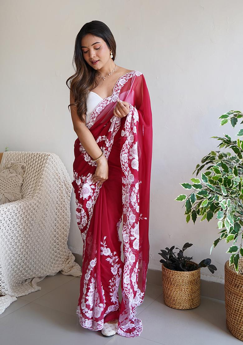 Red Thread Embroidered Organza Silk Saree Set