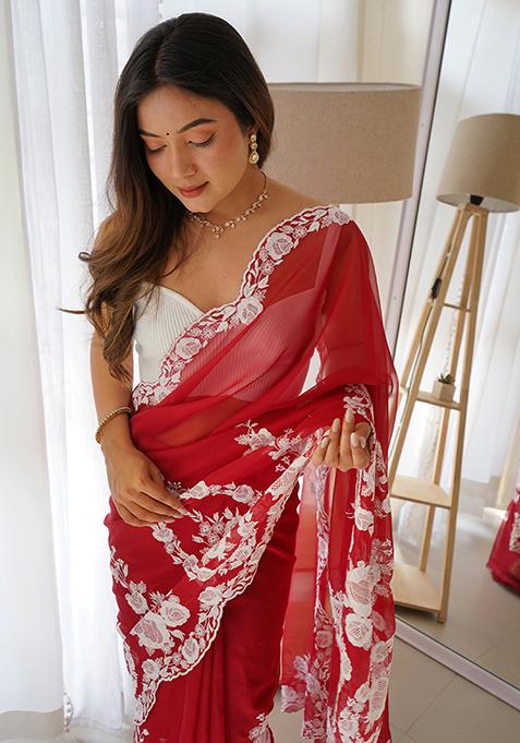 Red Thread Embroidered Organza Silk Saree Set