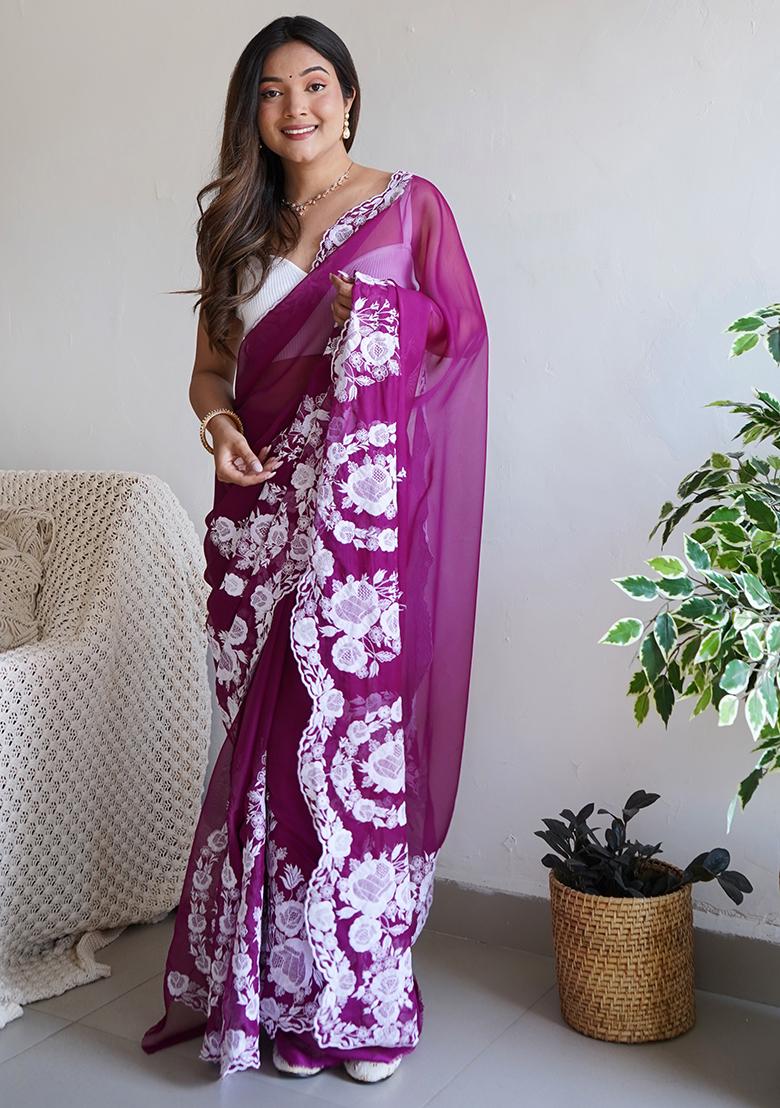 Purple Thread Embroidered Organza Silk Saree Set
