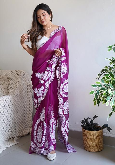 Purple Thread Embroidered Organza Silk Saree Set