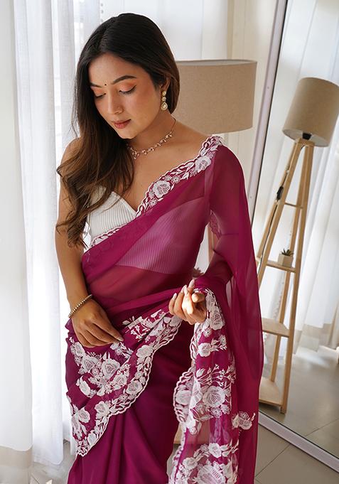 Purple Thread Embroidered Organza Silk Saree Set