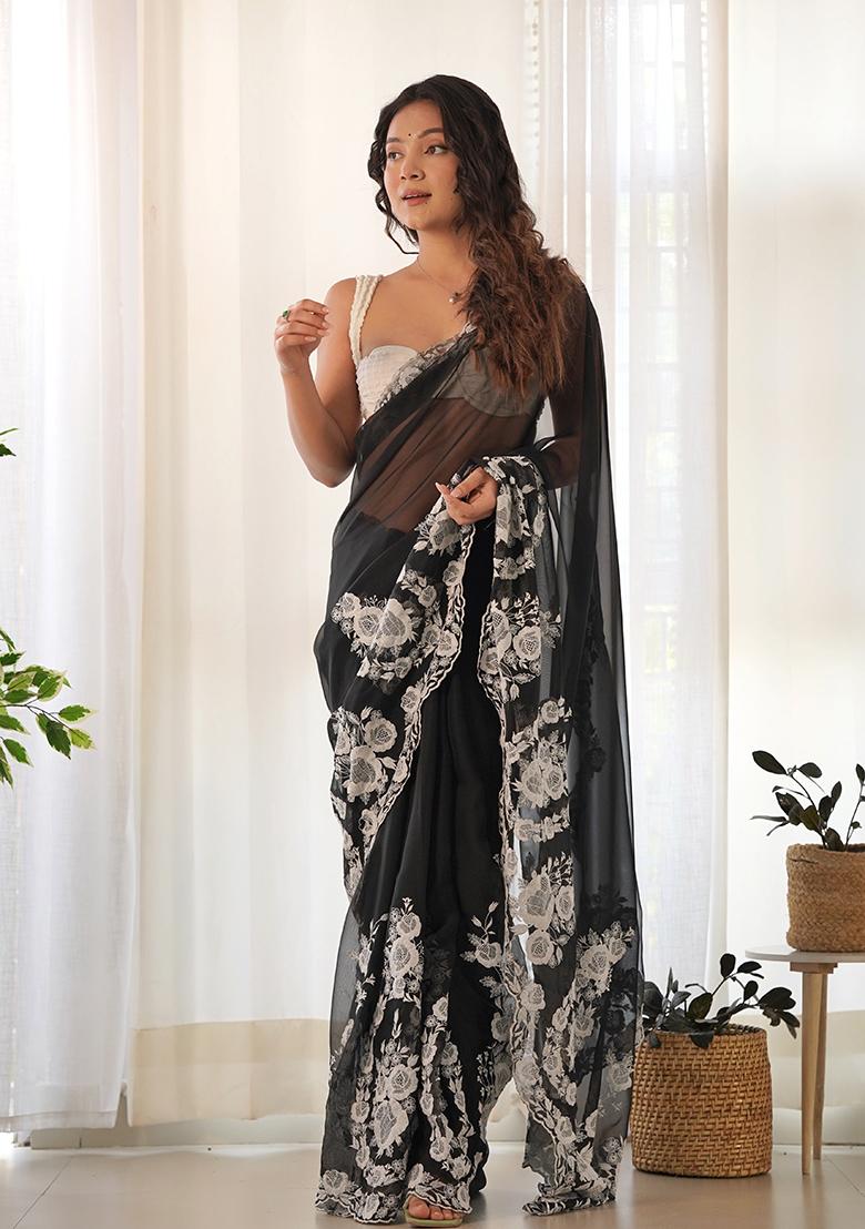 Black Thread Embroidered Organza Silk Saree Set