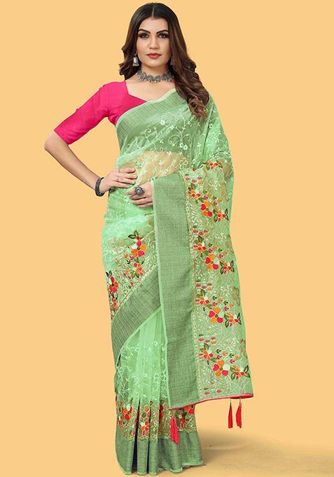Green Zari Woven Organza Silk Saree Set