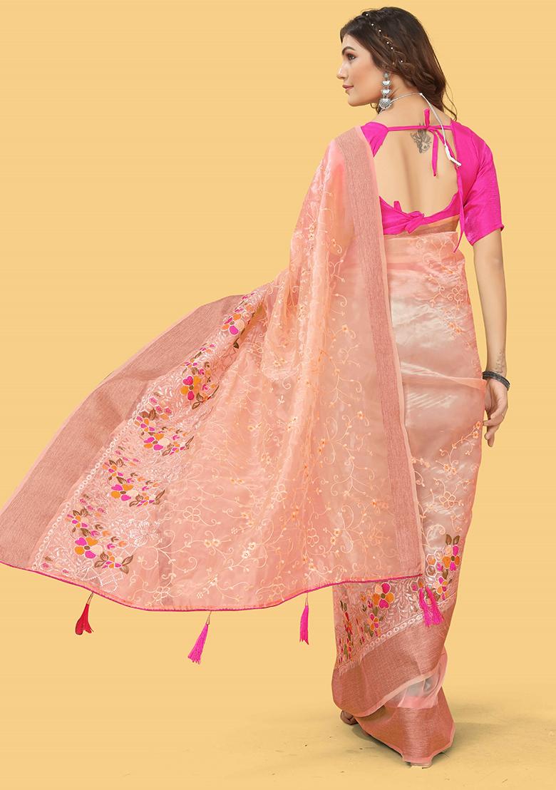 Orange Zari Woven Organza Silk Saree Set