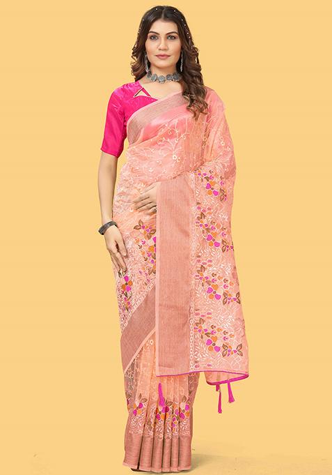 Orange Zari Woven Organza Silk Saree Set