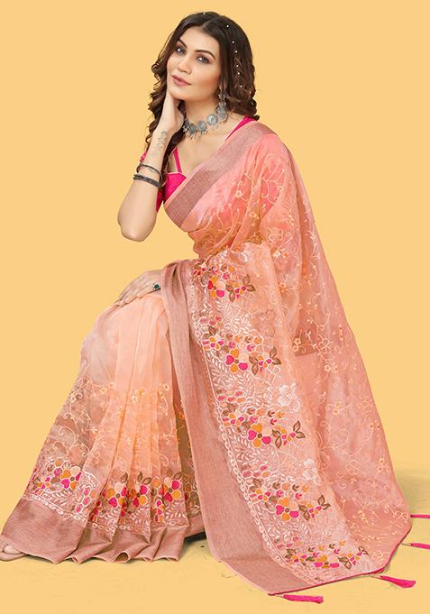 Orange Zari Woven Organza Silk Saree Set