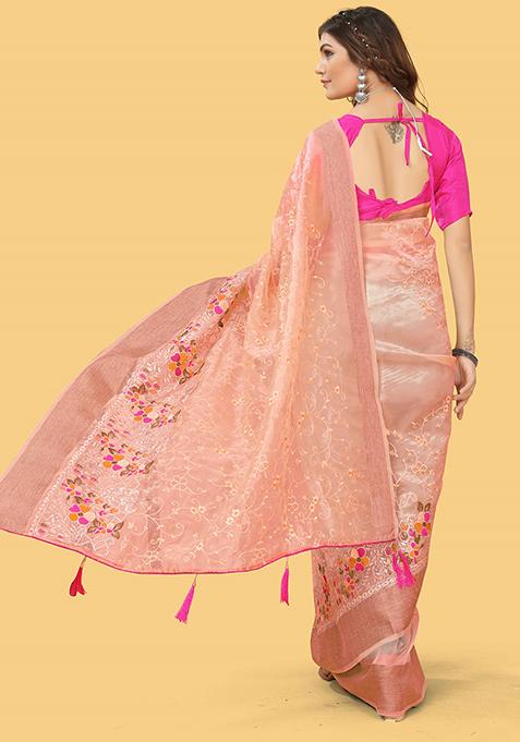 Orange Zari Woven Organza Silk Saree Set